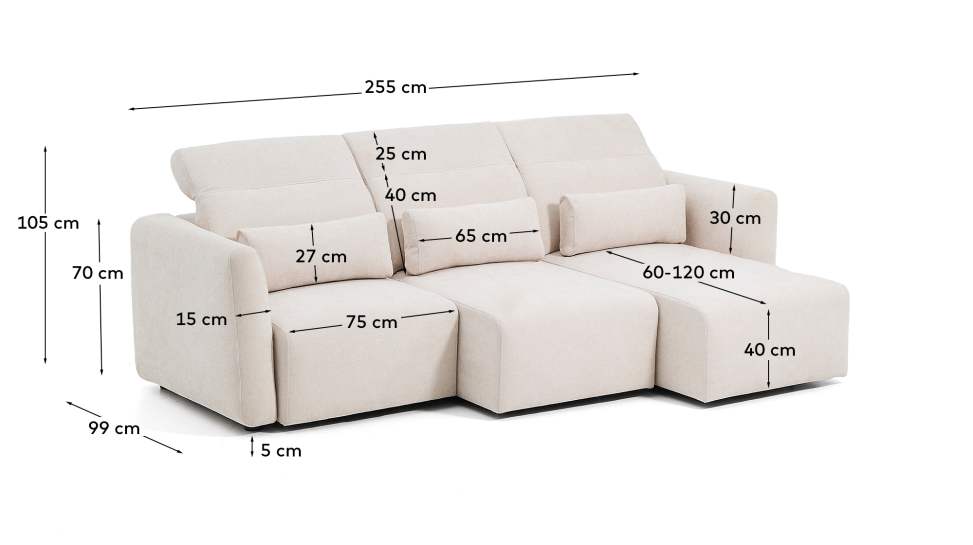Lares 3-seater sofa with motorised sliding seats and reclining headrest in beige chenille 255cm - sizes