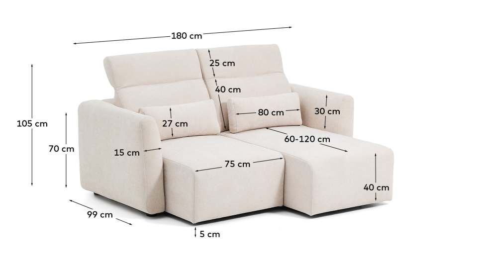 Lares 2-seater sofa with motorised sliding seats and reclining headrest in beige chenille 180cm - sizes