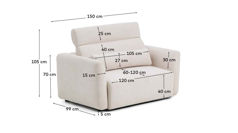 Lares 2-seater sofa with motorised sliding seats and reclining headrest in beige chenille 150cm - sizes