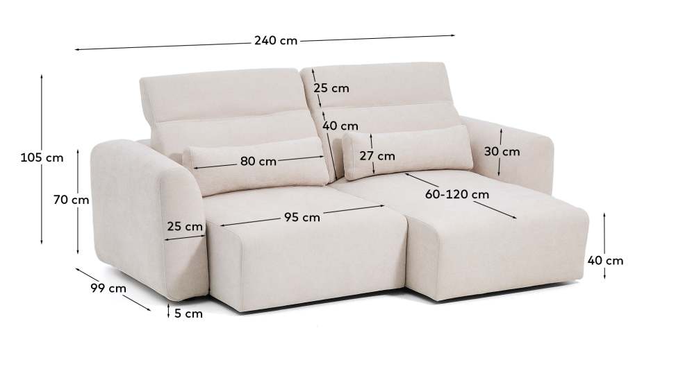 Lares 3-seater sofa with motorised sliding seats and reclining headrest in beige chenille 240cm - sizes
