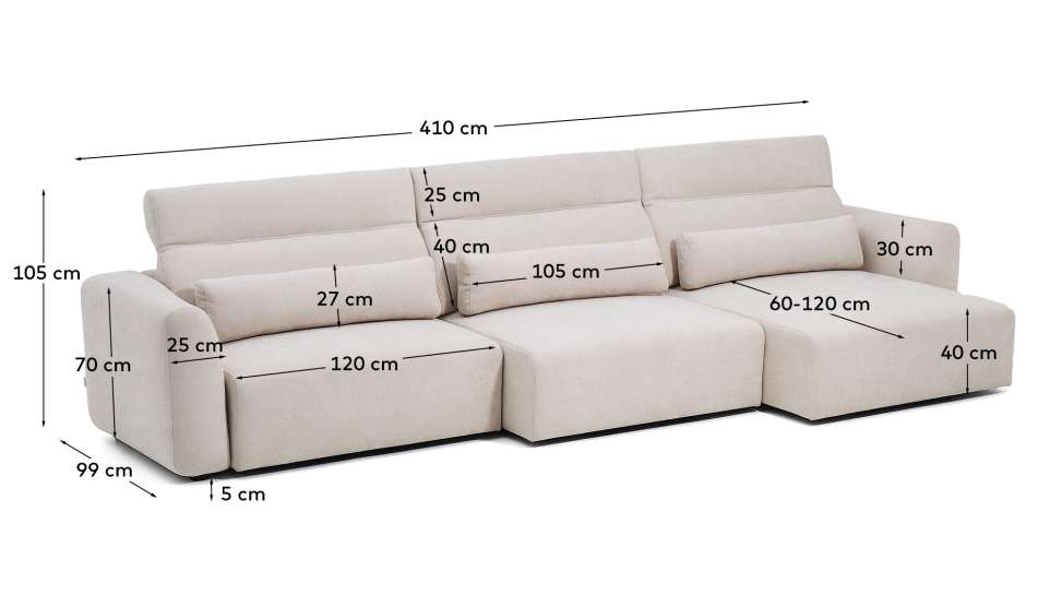 Lares 6-seater sofa with motorised sliding seats and reclining headrest in beige chenille 410cm - sizes