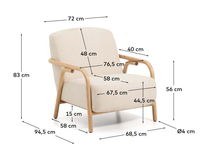 Sylo armchair in beige chenille and solid ash wood with natural-coloured finish FSC 100% - sizes