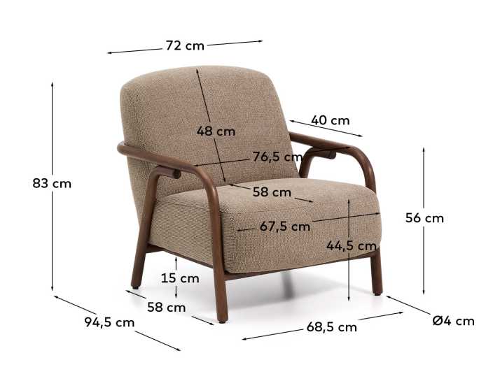 Sylo armchair in taupe chenille and solid ash wood with walnut-coloured finish FSC 100% - sizes