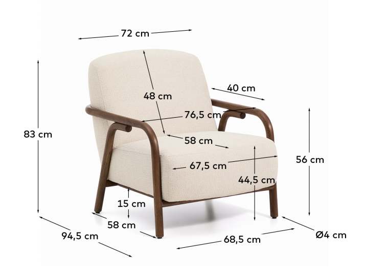 Sylo armchair in beige chenille and solid ash wood with walnut-coloured finish FSC 100% - sizes