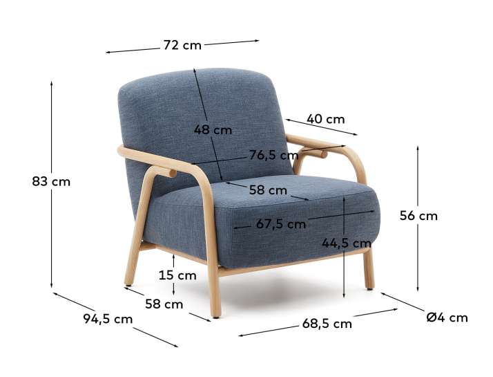 Sylo blue armchair made from solid ash wood, FSC 100% - sizes
