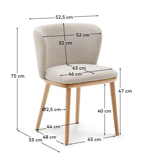 Ciselia chair beige chenille and solid ash wood natural tone finish FSC Mix Credit - sizes