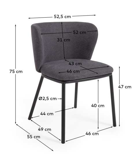 Ciselia chair in dark grey chenille and steel legs with black finish FSC Mix Credit - sizes