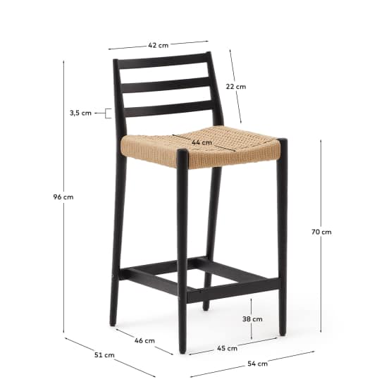 Analy stool with a backrest in solid oak wood in a black finish and rope cord seat, 70 cm, FSC 100% - sizes