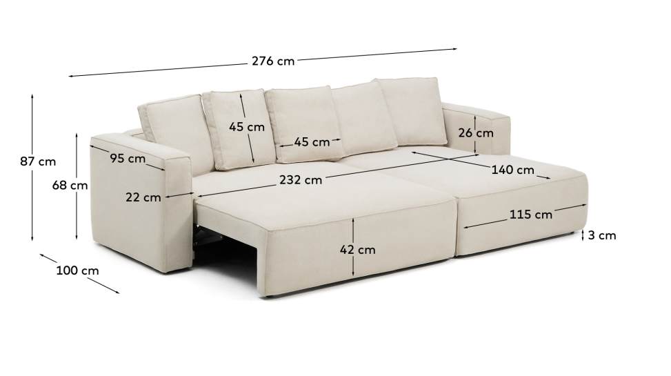 Marela beige chenille 3-seater sofa bed with right chaise longue 276cm FSC Mix Credit - sizes