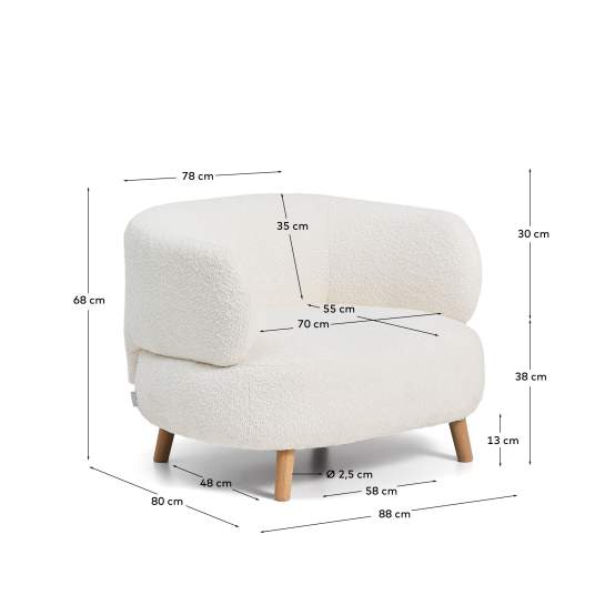 Luisa fire-retardant ecru bouclé armchair with solid beech wood legs 90cm - sizes