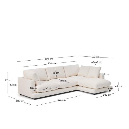 Καναπές Gala 4 θέσεων με ανάκλινδρο δεξιά, βραδύκαυστος, ακατέργαστο δέρμα προβάτου, FSC Mix Credit 300 εκ. - μεγέθη