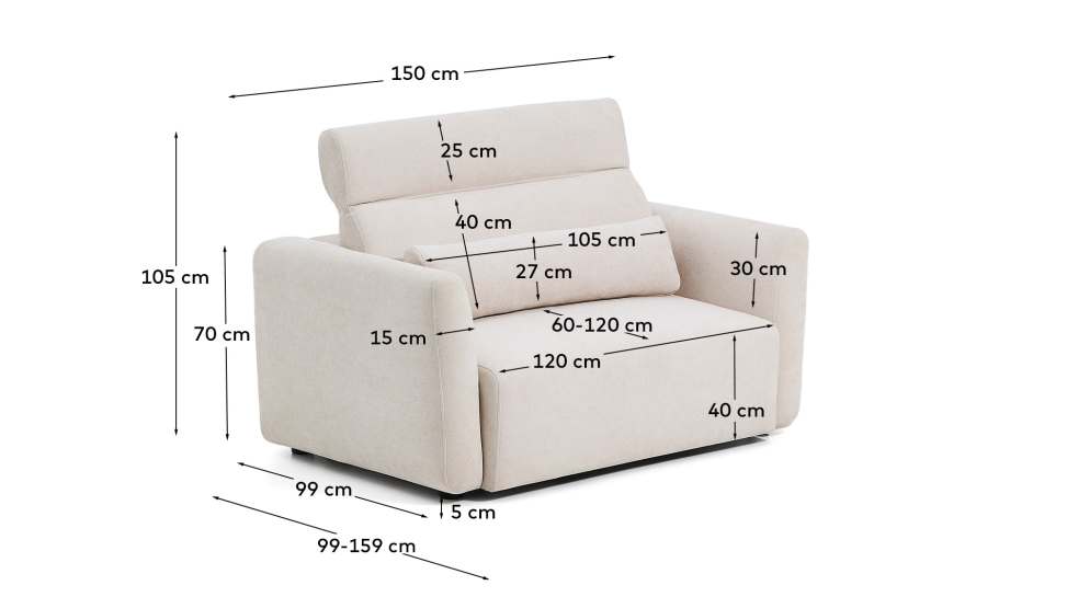 Lares 2-seater sofa with motorised sliding seats and reclining headrest in beige chenille 150cm - sizes