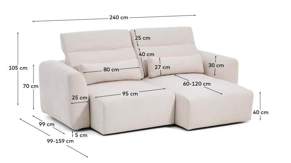 Lares 3-seater sofa with motorised sliding seats and reclining headrest in beige chenille 240cm - sizes