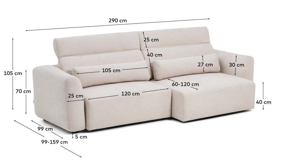 Lares 4-seater sofa with motorised sliding seats and reclining headrest in beige chenille 290cm - sizes
