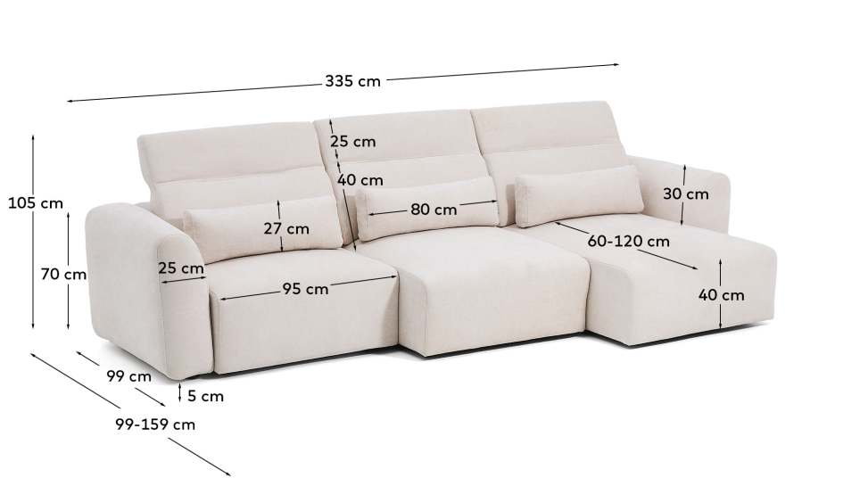 Lares 5-seater sofa with motorised sliding seats and reclining headrest in beige chenille 335cm - sizes