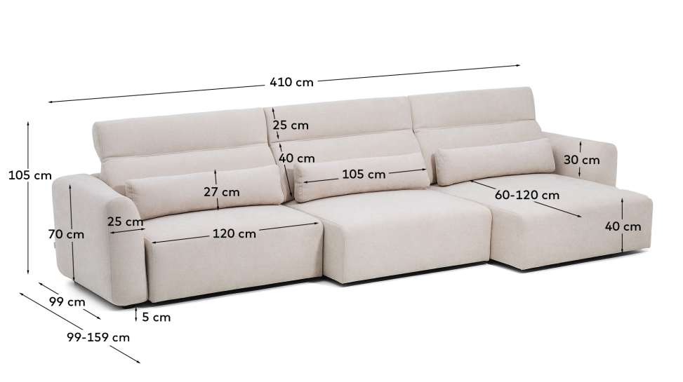 Lares 6-seater sofa with motorised sliding seats and reclining headrest in beige chenille 410cm - sizes