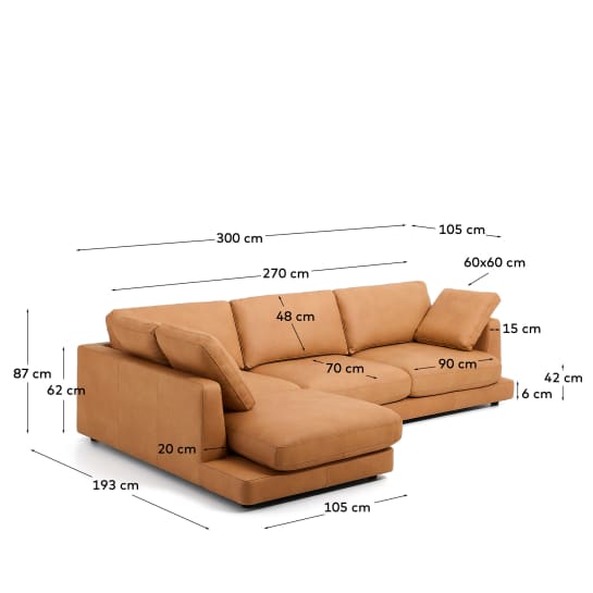 Gala 4-seater leather sofa with left chaise longue brown 300cm - sizes