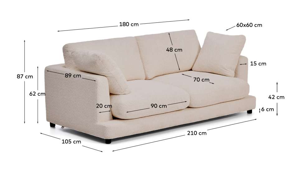 Καναπές Gala 3 θέσεων, βραδύκαυστος, μπεζ δέρμα προβάτου FSC Mix Credit 210 εκ. - μεγέθη