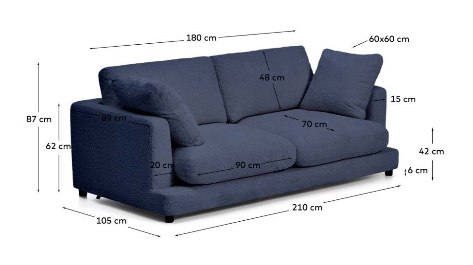 Gala fire-retardant blue bouclé 3-seater sofa FSC Mix Credit 210cm - sizes