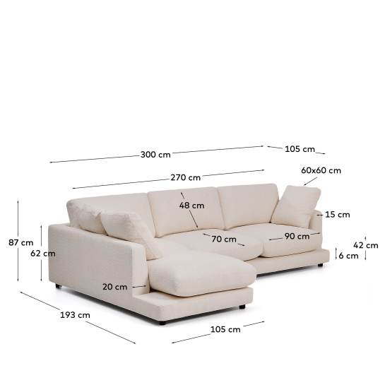 Καναπές Gala 4 θέσεων με ανάκλινδρο δεξιά, βραδύκαυστος, μπεζ γούνα, FSC Mix Credit, 300 εκ. - μεγέθη