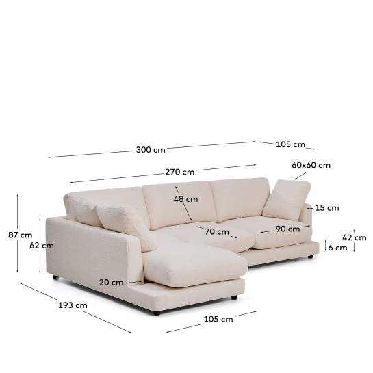 Καναπές Gala 4 θέσεων με ανάκλινδρο αριστερά, βραδύκαυστος, μπεζ γούνα, FSC Mix Credit, 300 εκ. - μεγέθη