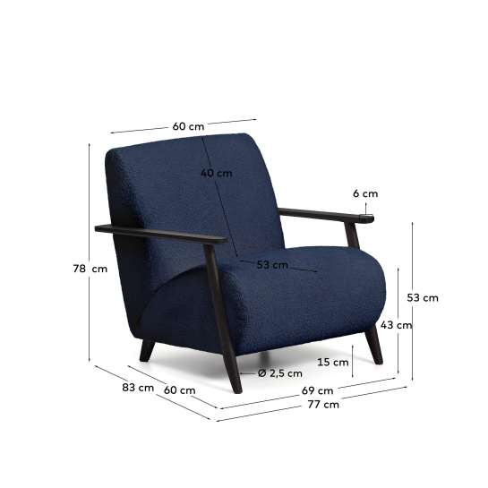Meghan fire-retardant armchair in blue bouclé and solid ash wood with wenge-coloured finish FSC Mix Credit - sizes