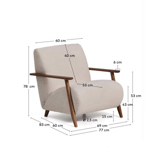 Meghan fire-retardant armchair in beige bouclé and solid ash wood with walnut-coloured finish FSC Mix Credit - sizes