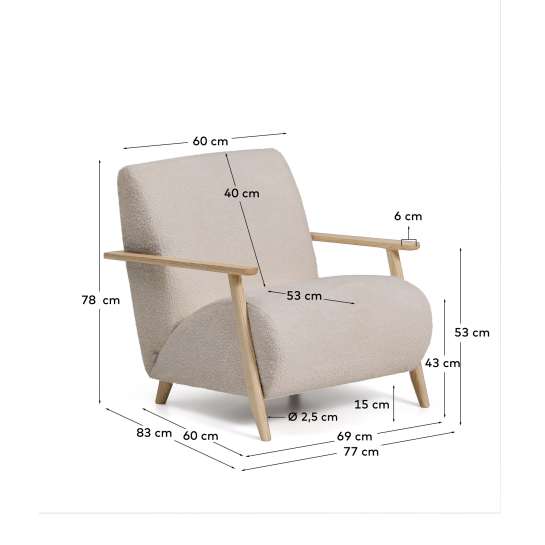 Meghan fire-retardant armchair in beige bouclé and solid ash wood with natural tone finish FSC Mix Credit - sizes