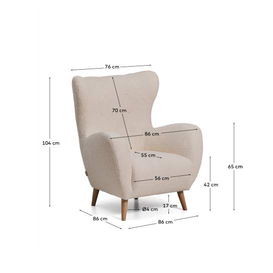 Fire-retardant patio armchair in beige bouclé with solid beech wood legs FSC Mix Credit - sizes