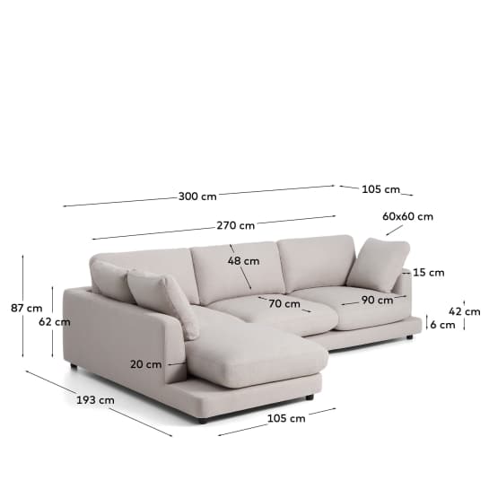 Gala 4-seater grey micro bouclé sofa with left-hand chaise longue FSC Mix Credit 300 cm - sizes