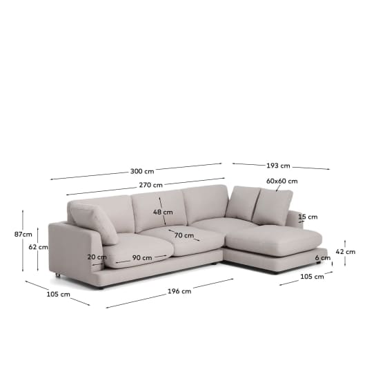 Gala 4-seater grey micro bouclé sofa with right-hand chaise longue FSC Mix Credit 300 cm - sizes