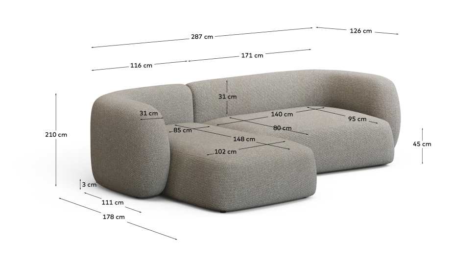 Martina stone-coloured chenille 3-seater modular sofa with left chaise longue 287cm - sizes