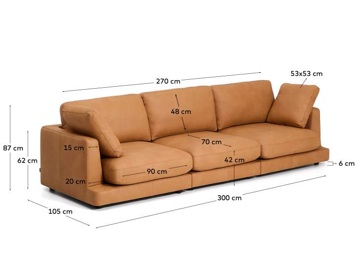 Gala 4-seater sofa in brown leather 300cm - sizes