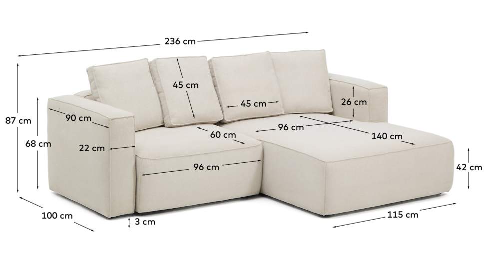 Marela beige chenille 3-seater sofa bed with right chaise longue 236cm FSC Mix Credit - sizes