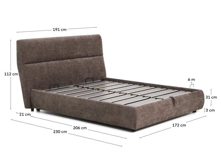 Cama desmontável Dafra em chenille castanho-escuro com estrado elevatório para colchão de 160 x 200 cm - tamanhos