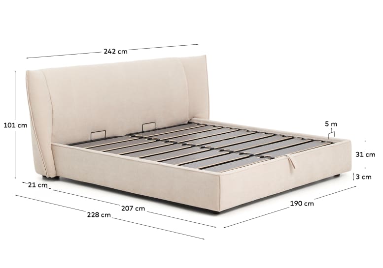 Arvian beige chenille bed with storage base and removable covers for mattress 180 x 200cm - sizes