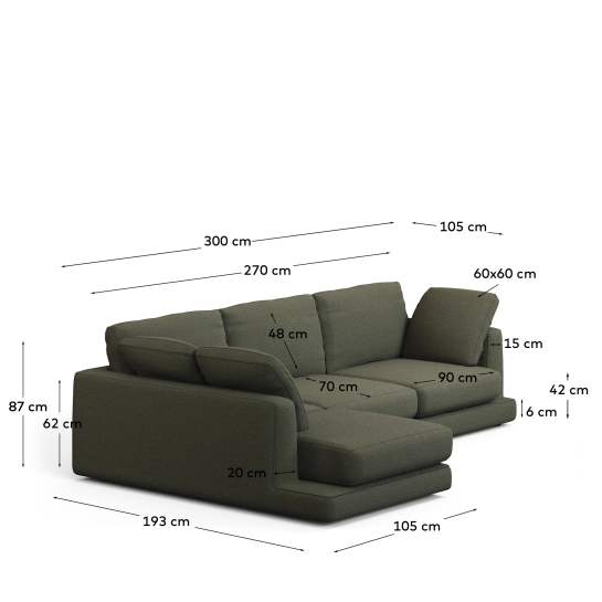 Gala 4-seater sofa with left-hand chaise longue in dark green chenille FSC Mix Credit 300 cm - sizes