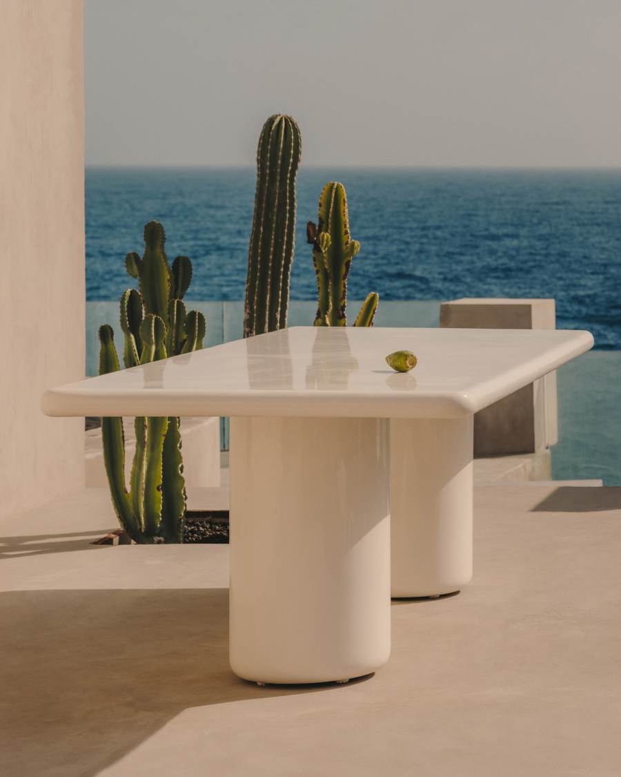 Canaret cement table in a glossy white finish, 239 cm x 102 cm